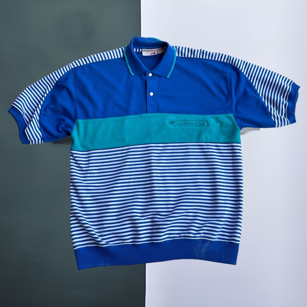 Vintage The Fox Collection Striped Color-blocked Shirt Blue Size Large